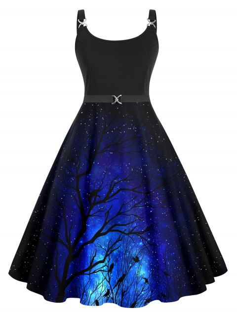 Galaxy Tree Branches Print A Line Dress Metal Twisted Buckle Sleeveless High Waist Cami Dress
