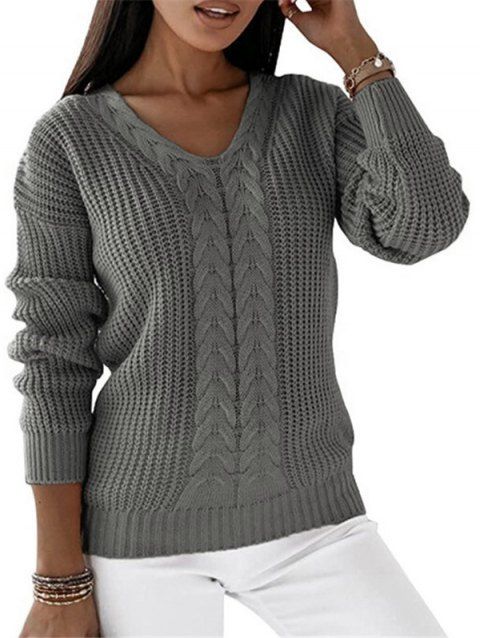 Cable Knit Sweater Solid Color V Neck Long Sleeve Casual Sweater