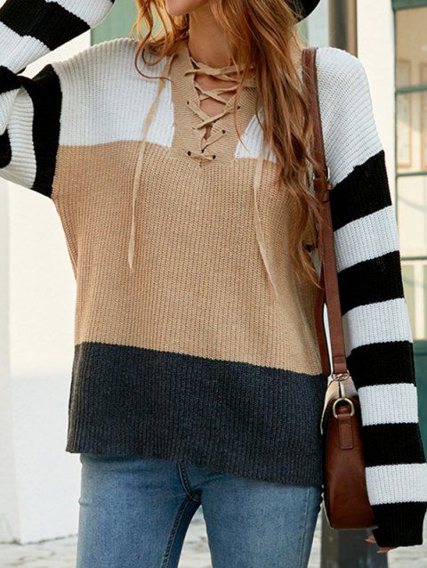 Colorblock Sweater Lace Up Striped Pattern Long Sleeve Pullover Sweater