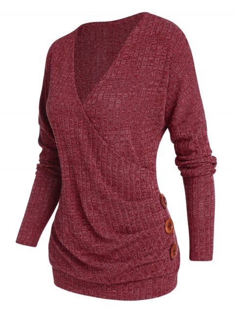 Textured Sweater Surplice Sweater Solid Color Mock Button V Neck Long Sleeve Sweater
