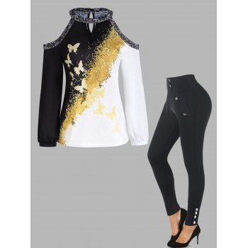 

Colorblock Cold Shoulder Butterfly Printed Keyhole T Shirt And Mock Button Leggings Casual Outfit, Black