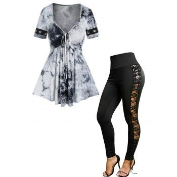 

Tie Dye Empire Waist Ruched Grommet Tied T Shirt And Lace Up Floral Lace Leggings Casual Outfit, Black