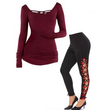 

Long Sleeve Solid Color Crisscross Ruched Rivets Applique Top And High Rise Plaid Lace Up Pants Outfit, Multicolor
