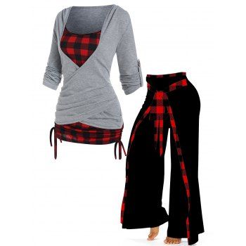 Plaid Print Crossover Cinched Tie Long Sleeve Faux Twinset T Shirt And Faux Bowknot Belt Wide Leg Pants Outfit
