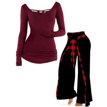 

Long Sleeve Solid Color Crisscross Ruched Rivets Applique Top And Plaid Print Faux Bowknot Elastic Waist Wide Leg Pants Outfit, Multicolor