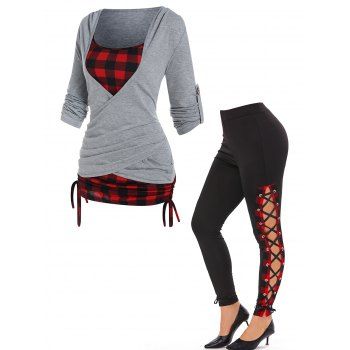 

Plaid Print Crossover Cinched Tie Long Sleeve Faux Twinset T Shirt And High Rise Lace Up Plaid Pants Outfit, Multicolor