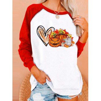 

Halloween Sweatshirt Contrast Colorblock Pumpkin Heart Floral Print Long Sleeve Sweatshirt, Red