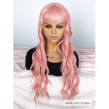 

Full Bang Long Wavy Capless Heat Resistant Synthetic Cosplay Party Wig, Pink