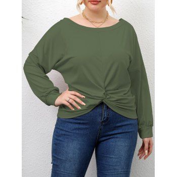 

Plus Size Sweatshirt Twisted Solid Color Scoop Neck Long Sleeve Sweatshirt, Deep green