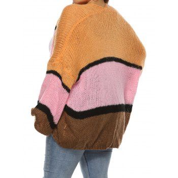 Plus Size Crochet Cardigan Contrast Colorblock Open Front Drop Shoulder Long Sleeve Cardigan