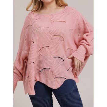 

Plus Size Sweater Batwing Sleeve Asymmetric Sweater Hollow Out Solid Color Curve Sweater, Light pink