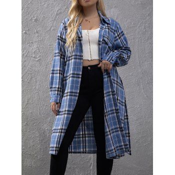 

Plus Size Longline Shirt Plaid Print Long Sleeve Shirt Button Up Mock Pocket Belted Long Shirt, Blue