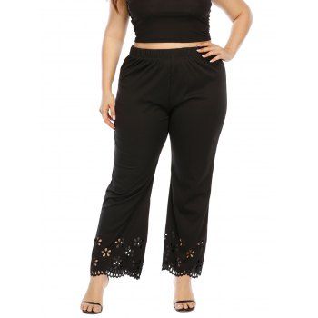 

Plus Size Pants Flower Laser Cut Out Elastic Waist Solid Color Wide Leg Pants, Black