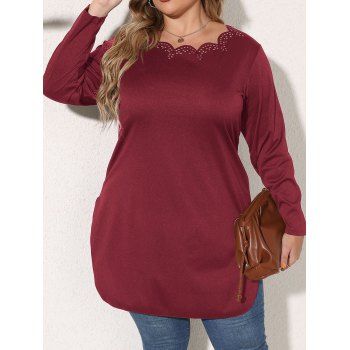 

Plus Size T Shirt Laser Cut Out Scalloped Slit Curved Hem Solid Color Long Sleeve Tee, Red