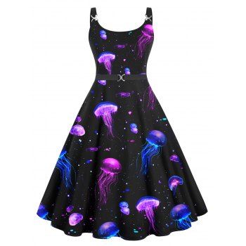 

Jellyfish Print Dress Twisted Buckle Marine Life High Waisted A Line Midi Dress, Black