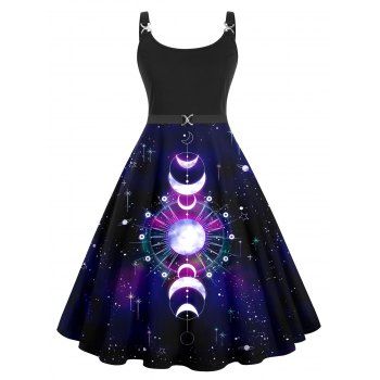 

Galaxy Planet Moon Phase Print Dress Twisted Buckle High Waisted A Line Midi Dress, Black