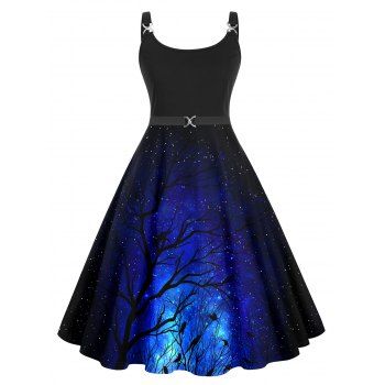 

Galaxy Tree Branches Print A Line Dress Metal Twisted Buckle Sleeveless High Waist Cami Dress, Deep blue