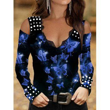 

Butterfly Polka Dots Print Tee Cold Shoulder Lace Trim V Neck Long Sleeve T-shirt, Black