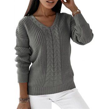 

Cable Knit Sweater Solid Color V Neck Long Sleeve Casual Sweater, Dark gray
