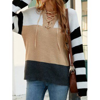 

Colorblock Sweater Lace Up Striped Pattern Long Sleeve Pullover Sweater, Multicolor