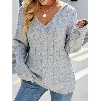

Solid Color Hooded Sweater Cable Knit Long Sleeve Casual Sweater, Light gray