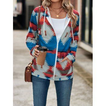 

Colored Geometric Print Hoodie Kangaroo Pocket Long Sleeve Zip Up Sweatshirt With Hood, Multicolor