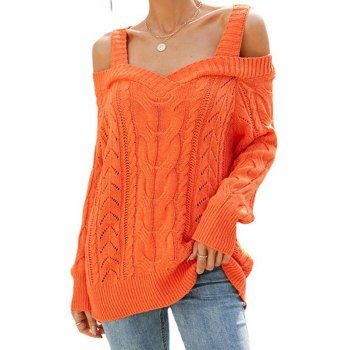 Cable Knit Sweater Solid Color Cold Shoulder Sweater Long Sleeve Sweater