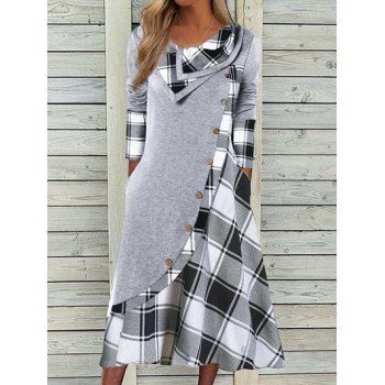 

Colorblock Dress Plaid Print Panel Mock Button Long Sleeve A Line Midi Dress, Gray