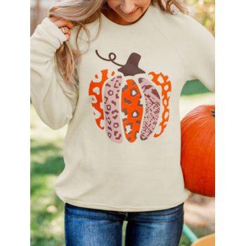 

Halloween Leopard Pumpkin Print Sweatshirt Raglan Sleeve Round Neck Casual Sweatshirt, Light coffee