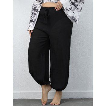 

Plus Size Pants Solid Color Bowknot Beam Feet Elastic High Waist Pants, Black