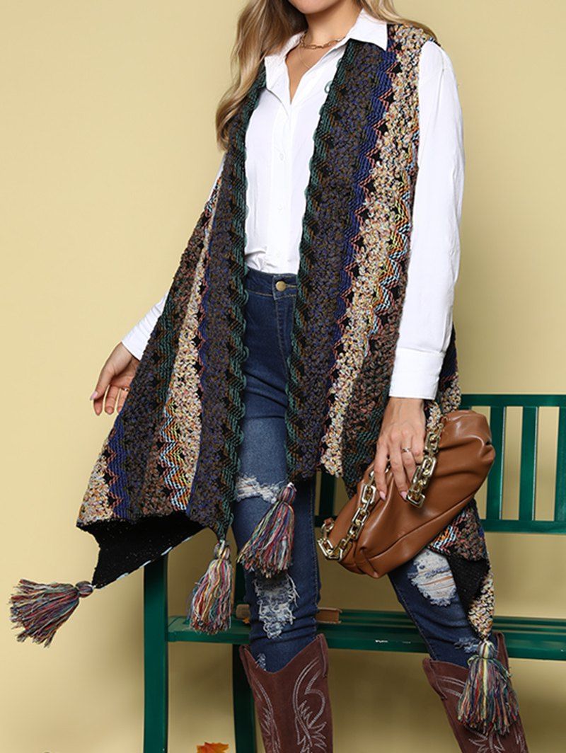 Asymmetric Sleeveless Cardigan Colorful Tribal Knit Tassel Draped Cardigan - multicolor A L