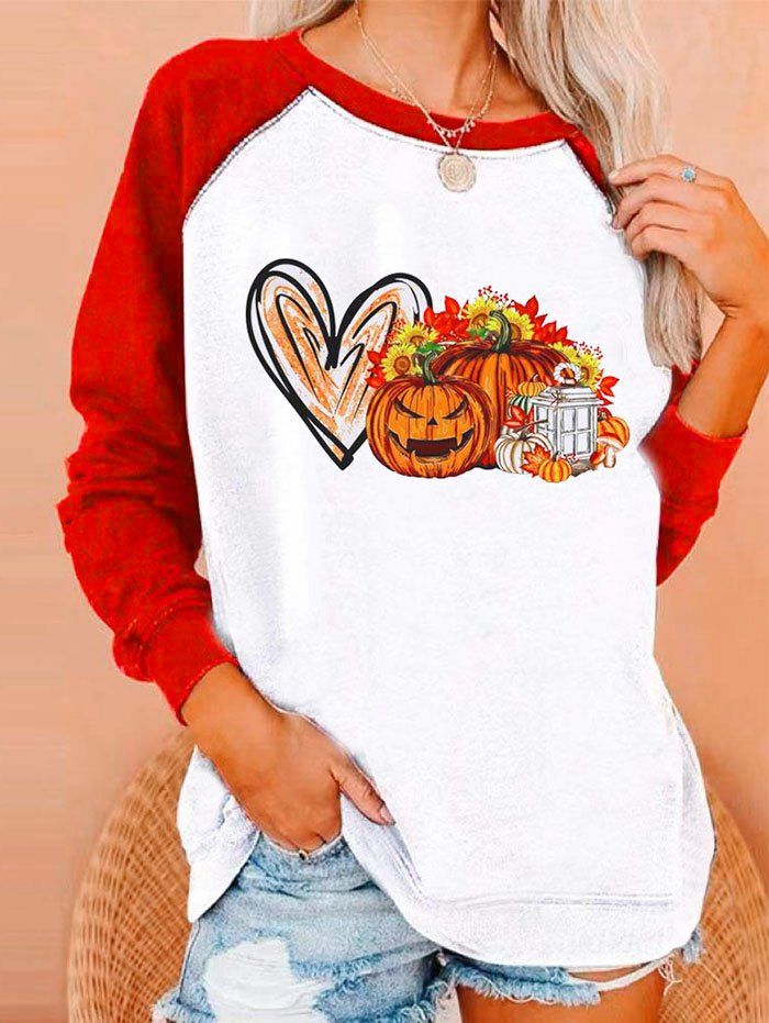 Halloween Sweatshirt Contrast Colorblock Pumpkin Heart Floral Print Long Sleeve Sweatshirt - RED XXL