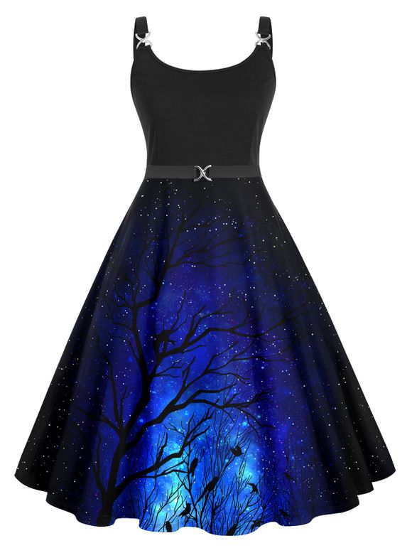 Galaxy Tree Branches Print A Line Dress Metal Twisted Buckle Sleeveless High Waist Cami Dress - DEEP BLUE S