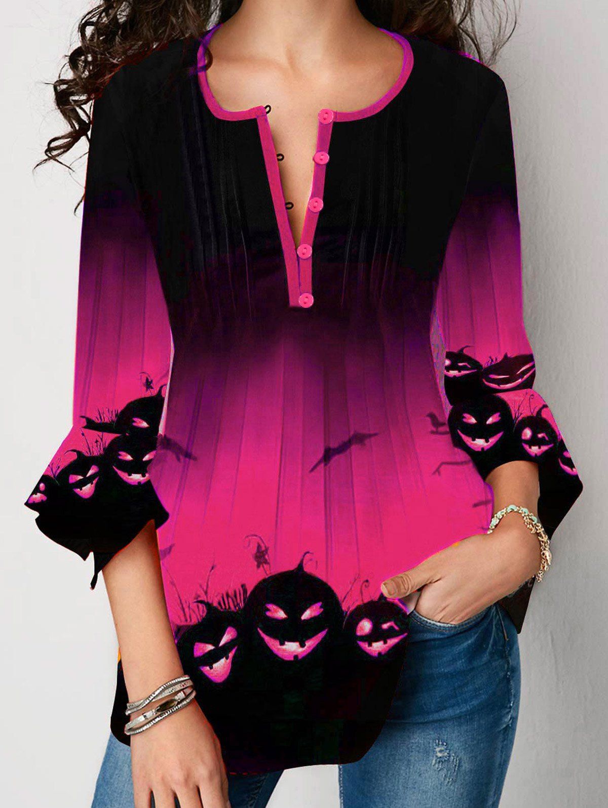 Halloween T Shirt Ombre Pumpkin Face Bat Print T-shirt Poet Sleeve Tee - CONCORD 3XL