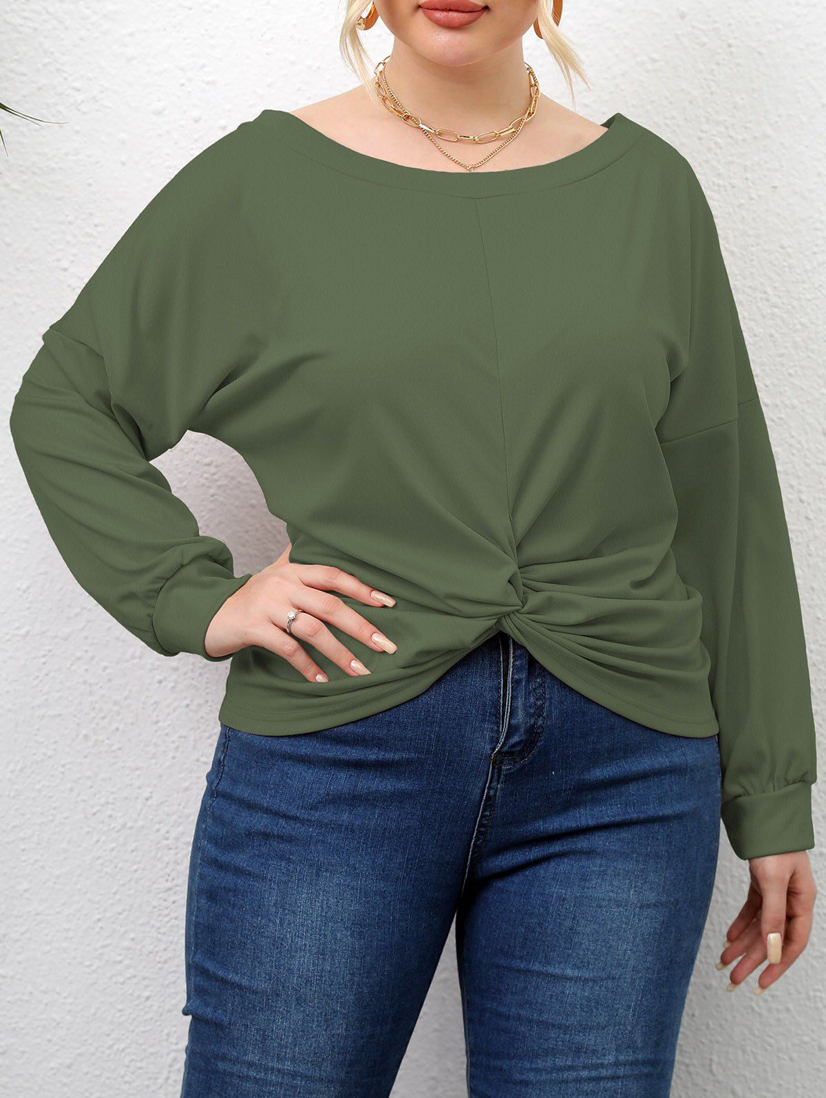 Plus Size Sweatshirt Twisted Solid Color Scoop Neck Long Sleeve Sweatshirt - DEEP GREEN 4XL