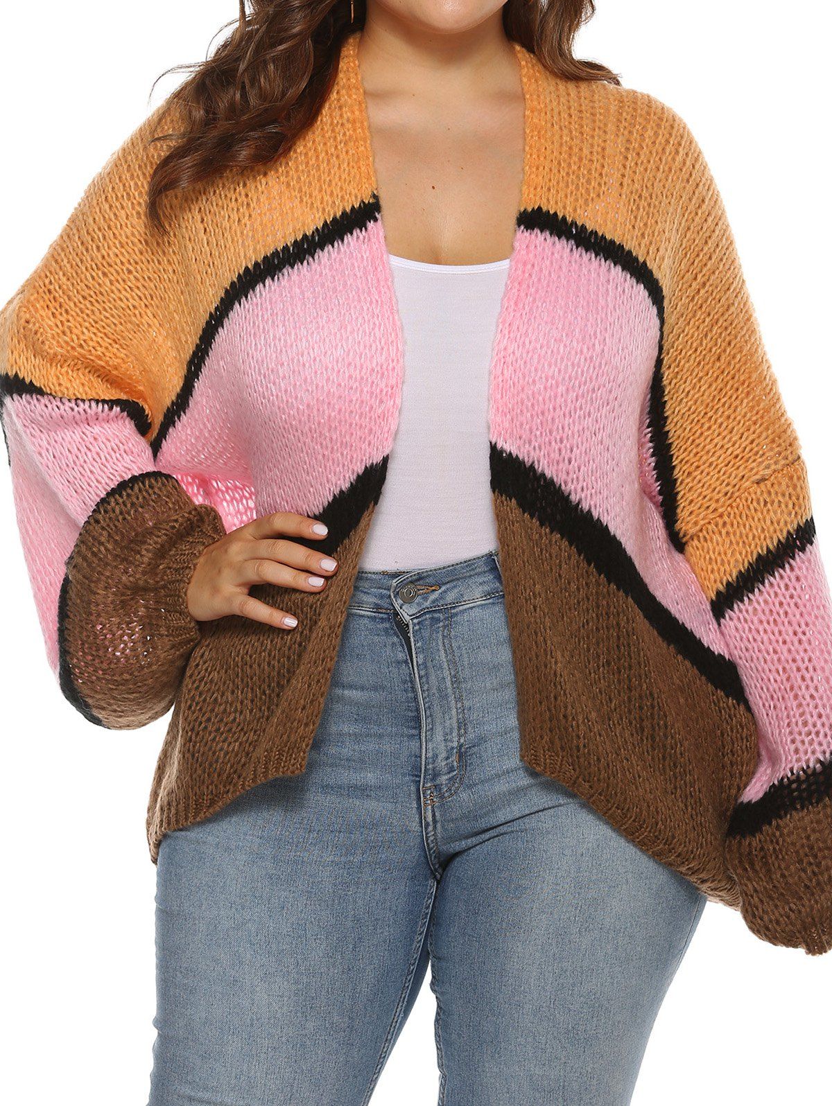 Plus Size Crochet Cardigan Contrast Colorblock Open Front Drop Shoulder Long Sleeve Cardigan - multicolor 3XL