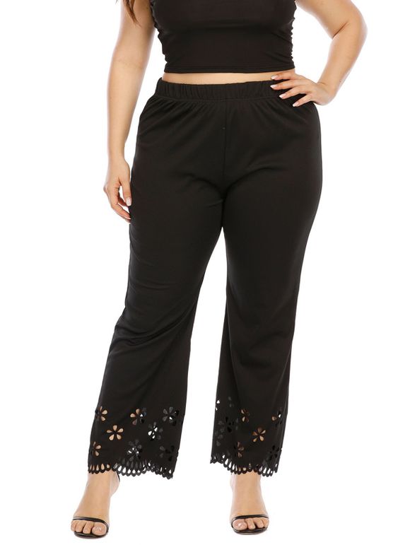 Pantalon Fleur Découpé Au Laser à Taille Elastique en Couleur Unie de Grande Taille - Noir 4XL