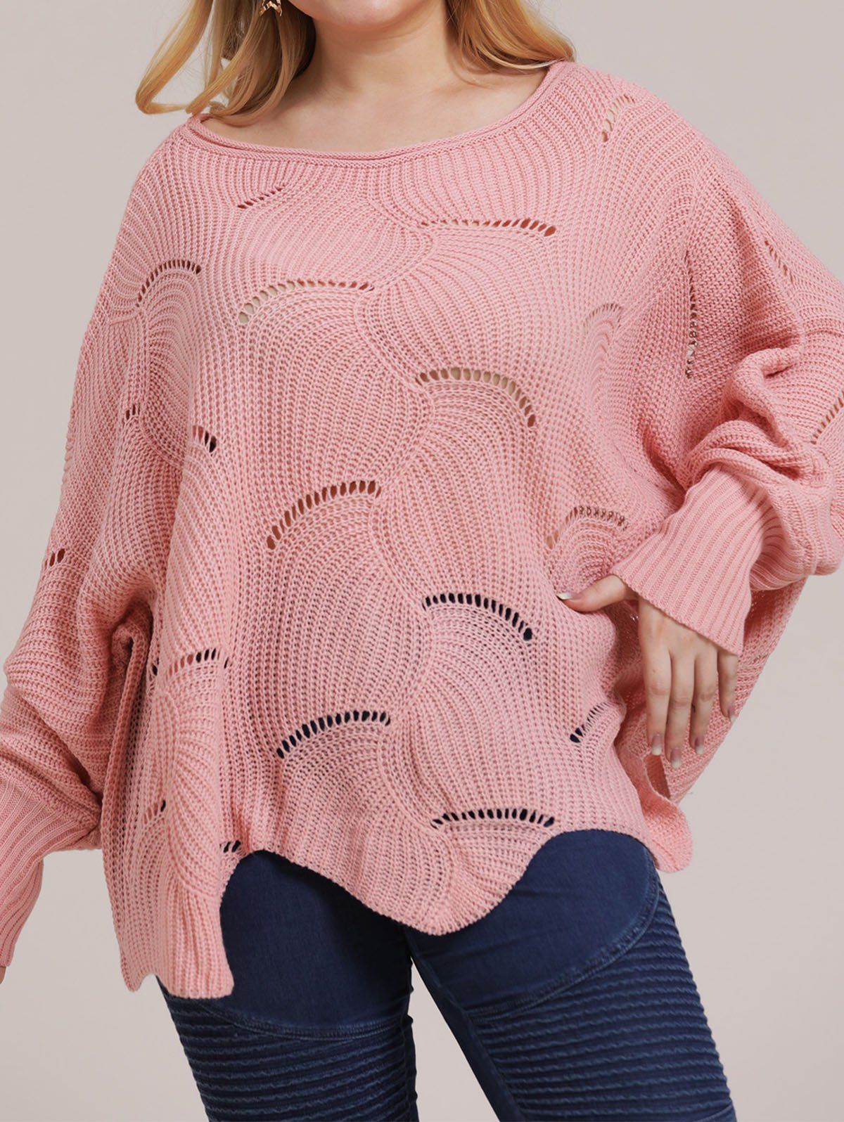 Plus Size Sweater Batwing Sleeve Asymmetric Sweater Hollow Out Solid Color Curve Sweater - LIGHT PINK 2XL