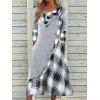 Colorblock Dress Plaid Print Panel Mock Button Long Sleeve A Line Midi Dress - GRAY M