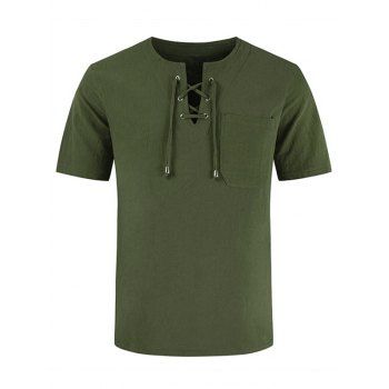 

Lace Up T Shirt Short Sleeve Pocket Patch Plain Color Casual Tee, Deep green
