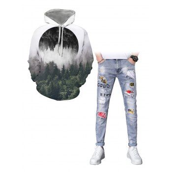 

Forest Reflective Landscape Kangaroo Pocket Print Hoodie And Graphic Straight Jeans Casual Outfit, Multicolor a