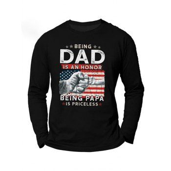 

American Flag Slogan Fist Print Graphic T-shirt Long Sleeve Round Neck Cotton Tee, Black