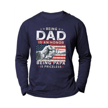 

American Flag Slogan Fist Print Graphic T-shirt Long Sleeve Round Neck Cotton Tee, Cadetblue