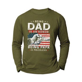 

American Flag Slogan Fist Print Graphic T-shirt Long Sleeve Round Neck Cotton Tee, Army green