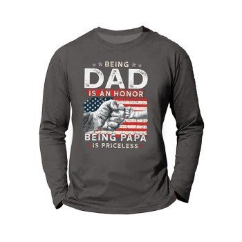 

American Flag Slogan Fist Print Graphic T-shirt Long Sleeve Round Neck Cotton Tee, Gray