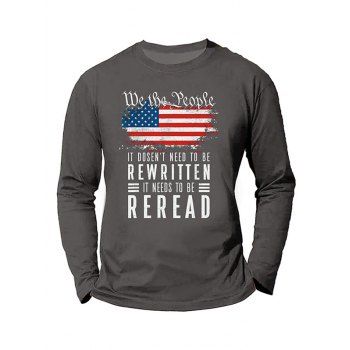 

American Flag Slogan Letter Print Graphic T-shirt Cotton Long Sleeve Round Neck Tee, Gray