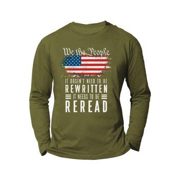 

American Flag Slogan Letter Print Graphic T-shirt Cotton Long Sleeve Round Neck Tee, Army green