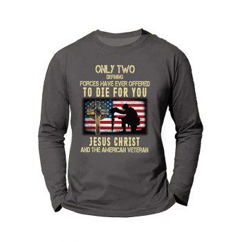 

Slogan American Flag Soldier Cross Print Graphic Long Sleeve Cotton Round Neck Tee, Gray