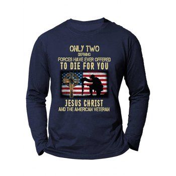 

Slogan American Flag Soldier Cross Print Graphic Long Sleeve Cotton Round Neck Tee, Cadetblue