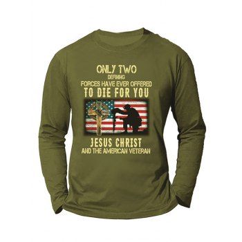 

Slogan American Flag Soldier Cross Print Graphic Long Sleeve Cotton Round Neck Tee, Army green